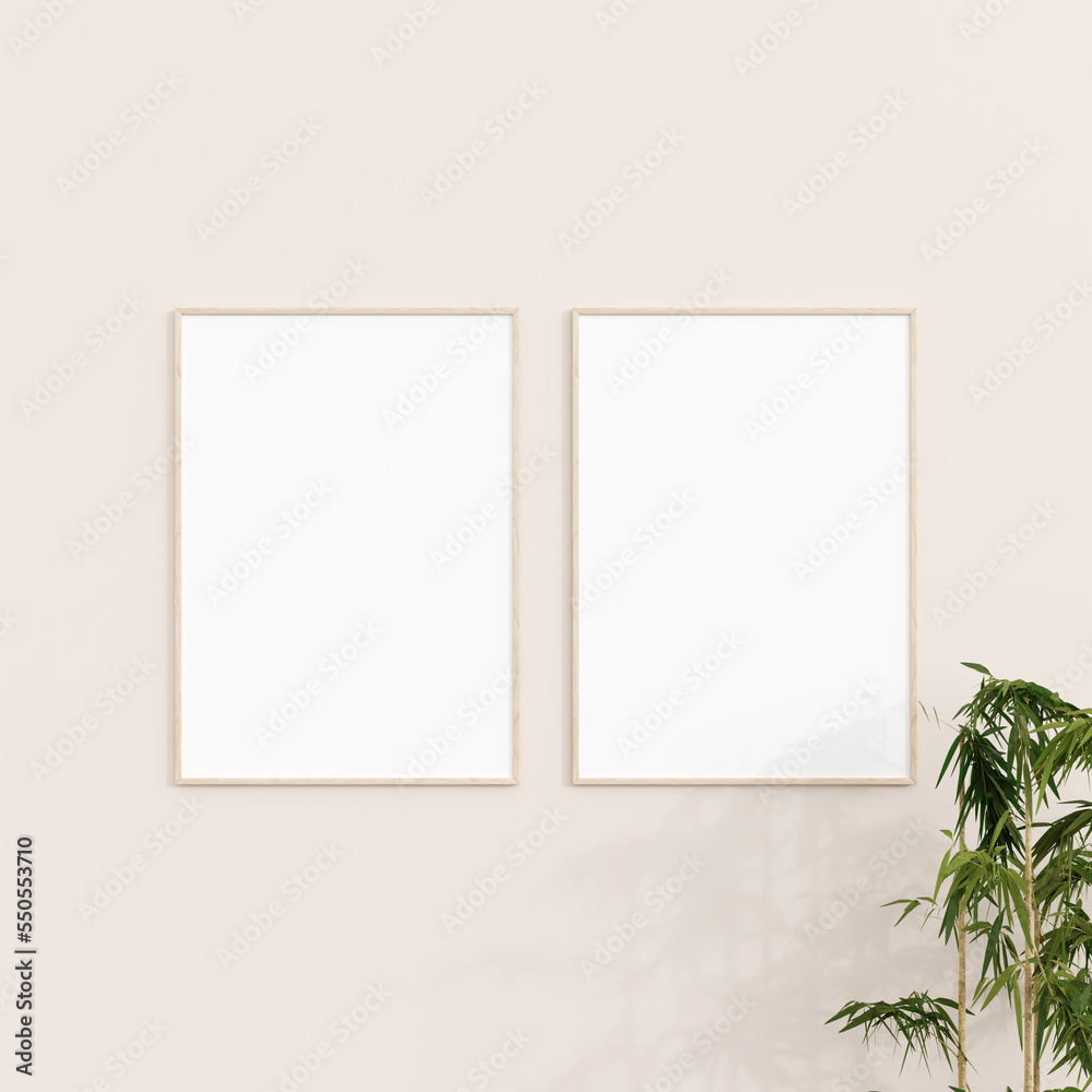 Minimal frame mockup on white wall with plant. Poster mockup. Clean, modern, minimal frame. 3d rendering. Minimal frame mockup on white wall with plant. Poster mockup. Clean, modern, minimal frame. 3d rendering.