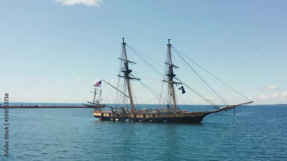 Aerial, historic tall pirate ship on Lake Superior, Two Harbors Minnesota. Aerial, historic tall pirate ship on Lake Superior, Two Harbors Minnesota.