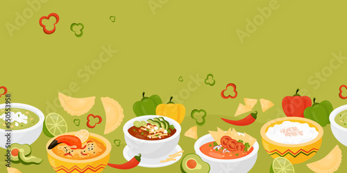 Seamless horizontal border with Latin American traditional food. Mexican dishs green puree soup and Tomato Soup with nachos, rice pudding and crab pie on green background. Vector illustration. photo