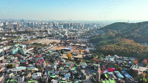 Suwon: Aerial view of city in South Korea, fortress Hwaseong Haenggung, clear blue sky - landscape panorama of Eastern Asia from above
 photo