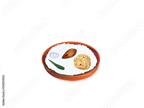 Traditional bengali food panta ilish. a plate of panta ilish. panta bhaat ilish bhaja with aloo bhorta photo