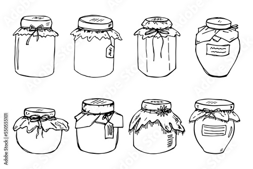Hand drawn jar of jam or honey clipart. Healthy natural organic product doodle set.