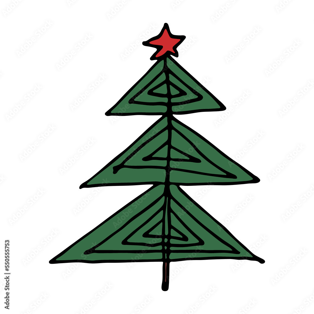Fototapeta premium Christmas tree hand drawn clipart. Spruce doodle. Single element for card, print, web, design, decor
