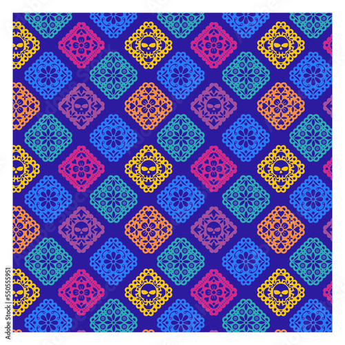 Colorful seamless mexican perforated papel picado banner. Dia de los muertos. vector with traditional mexican paper cut 