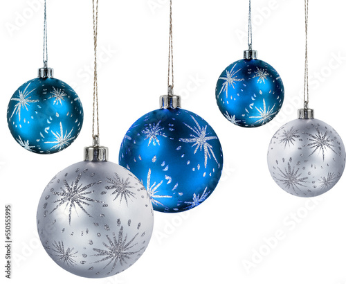 Five silver and blue christmas decoration balls hanging isolated photo