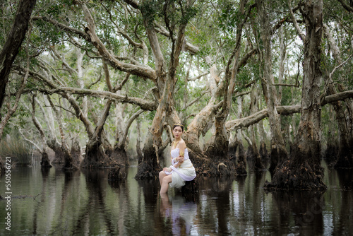 beautiful  Thai asian woman in white dress local tradition costume in the name is Nakee, sitting on tree stump in the lake in the botannical garden rayong thailand photo