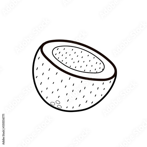 Coconut cut in half coloring page for adults and kids. Black and white print with coco in cartoon style. Outline fruit isolated element. Vector illustration