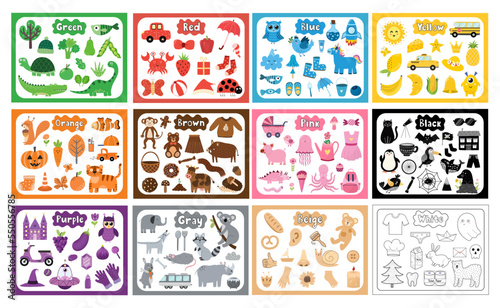 Color objects bundle. Primary colors big collection with flash cards in cartoon style. Green, red, blue, yellow and other elements for creating worksheets. Vector illustration