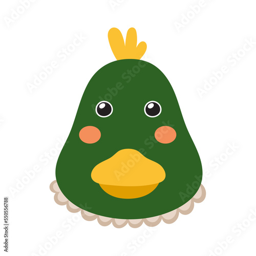 Cute duck face in cartoon style. Farm character head for baby and kids design. Funny smiling animal print. Vector illustration