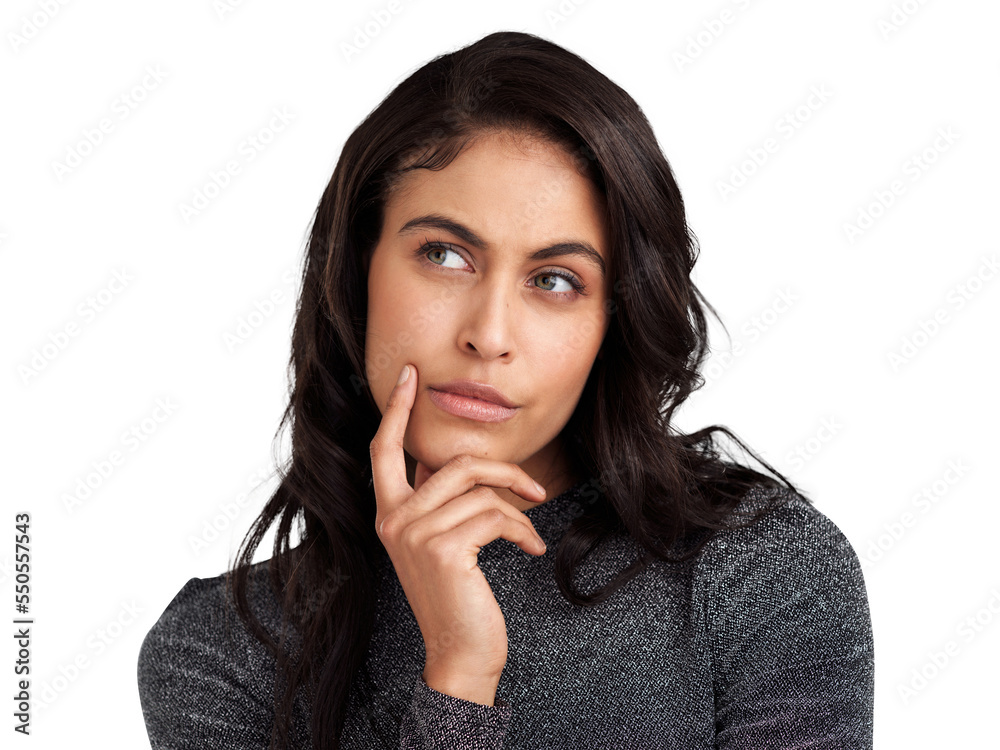 PNG Shot of a beautiful young woman looking thoughtful while standing against a white background PNG Shot of a beautiful young woman looking thoughtful while standing against a white background