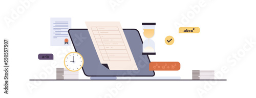 Online testing and learning, examination on computer, checklist form with exam on monitor, survey, quiz, education, hourglass flat vector illustration.