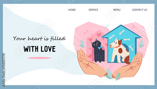 Donation and charity for homeless animals and shelters, flat vector illustration. Volunteering and donation for animals web banner template.