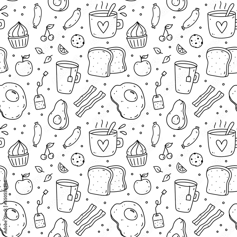 Cute seamless pattern with breakfast food - fried eggs, bacon, toasts, sausages, coffee, avocado, fruits. Vector hand-drawn illustration in doodle style. Perfect for print, wrapping paper, wallpaper.