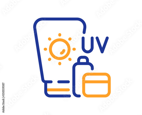 Sunscreen line icon. Uv Sun cream sign. Sunblock lotion symbol. Colorful thin line outline concept. Linear style sunscreen icon. Editable stroke. Vector