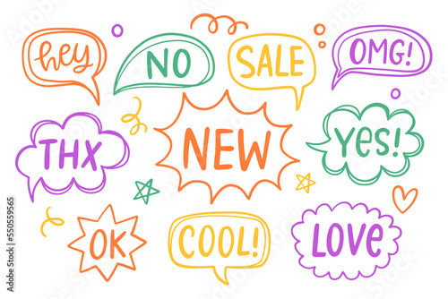 Set of hand drawn doodle speech bubbles