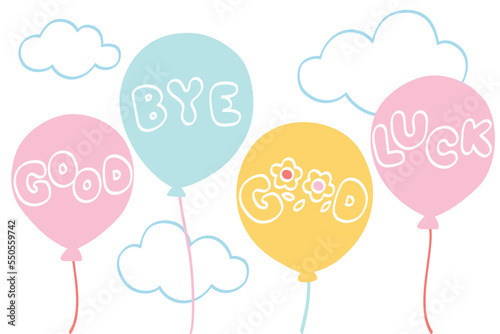 Good bye and good luck balloons on cloud background - hand drawn