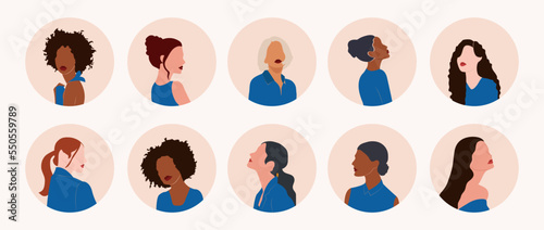 A set of icons of people's faces on avatar profiles: women, young and old of different races and countries. Business illustration. Megaset. Trendy vector style.