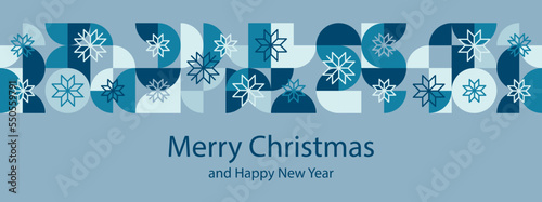 Merry Christmas and Happy New Year horizontal bauhaus banner with abstract shapes and snowflakes in blue shades. Vector illustration