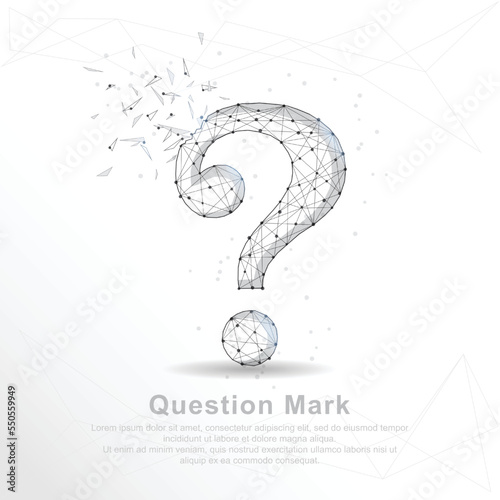Question mark point, line and composition digitally drawn in the form of broken a part triangle shape and scattered dots low poly wire frame.