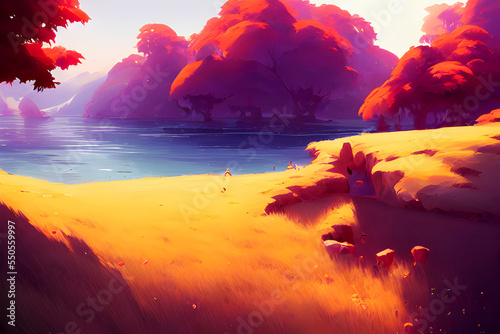 Autumn Sunset Peaceful Lake - Beautiful Vibrant Concept Art
