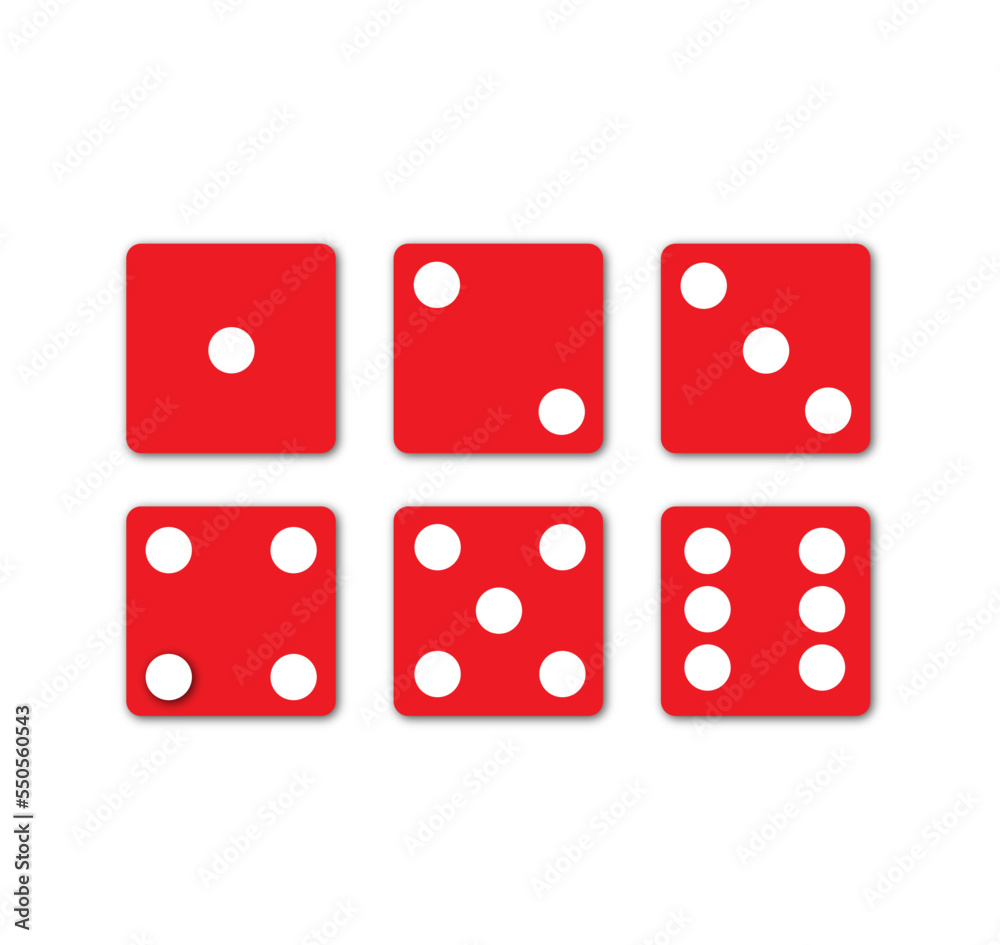 Set of dice isolated on a white background. Red dice with white dots on a white background. Set of dice isolated on a white background. Red dice with white dots on a white background.