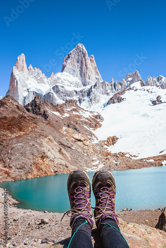 Hiking boots at Laguna de los tres and fitz roy in el chalten patagonia argentina