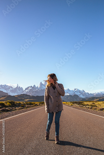 Person on an empty road to El Chaltén Patagonia Argentina