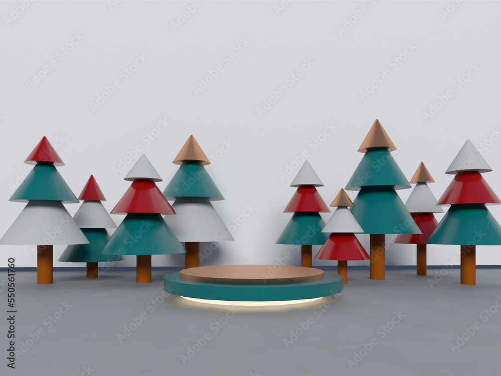3d rendering of 3d podium award or product case with Christmas and new year theme color. The color of the celebration consists of red, green, white, and gold.