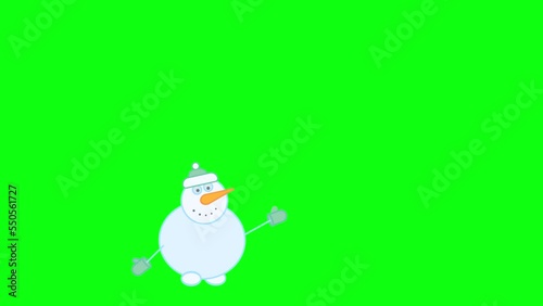 animation with a cheerful snowman hit by a flying snowball, on a green background. good winter mood no matter what