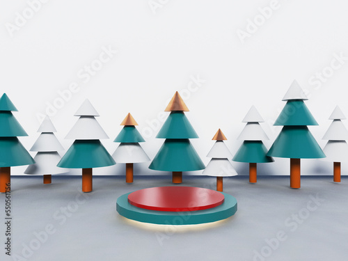 3d rendering of 3d podium award or product case with Christmas and new year theme color. The color of the celebration consists of red, green, white, and gold.