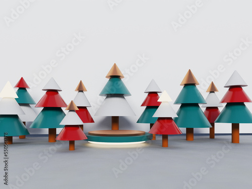 3d rendering of 3d podium award or product case with Christmas and new year theme color. The color of the celebration consists of red, green, white, and gold.