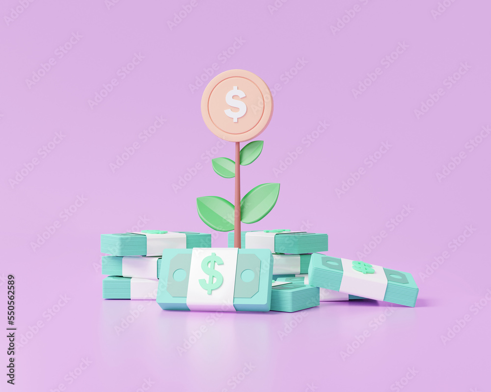 Cartoon minimal showing financial stacks banknote growing invesment budget fund with tree on money business development concept. interest economy management. 3d render illustration - obrazy, fototapety, plakaty 