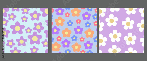 Set Groovy Flower Patterns Y2k Style. Abstract Square Seamless Patterns with Vintage Groovy Daisy Flowers. Colorful background, 60s, 70s, hippie 