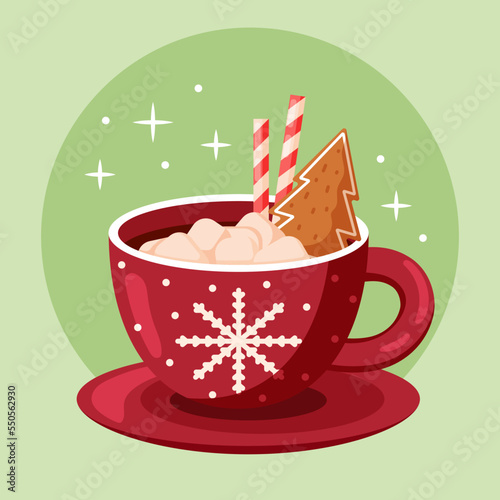Red winter cup with hot chocolate and marshmallows. Flat vector illustration.