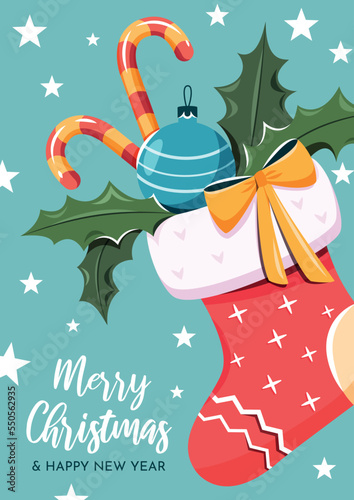 Greeting holiday card. Christmas sock with gifts and Christmas decorations on the blue background. Vertical poster with congratulations.