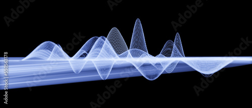 Illustration of abstract wireframe sound waves, visualization of frequency signals audio wavelengths, conceptual futuristic technology waveform background with copy space for text photo