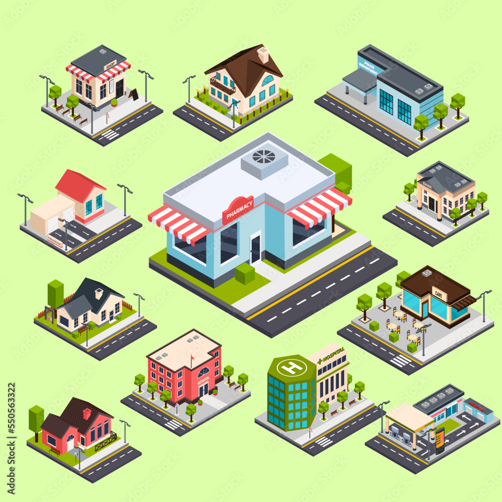 isometric set of buildings isometric set of buildings