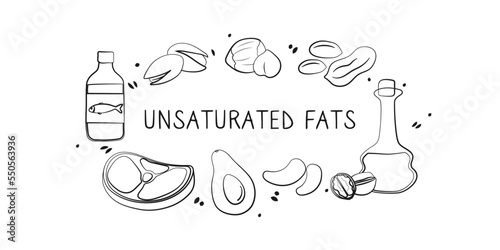 Unsaturated fatty acids-containing food. Groups of healthy products containing vitamins and minerals. Set of fruits, vegetables, meats, fish and dairy. photo