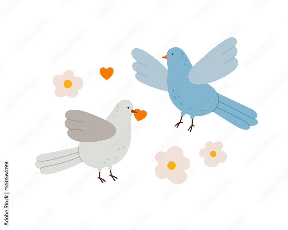 Hand-drawn beige and blue pigeons with hearts. Two love birds. Saint Valentine's day. Romantic print design. Hand-drawn beige and blue pigeons with hearts. Two love birds. Saint Valentine's day. Romantic print design.