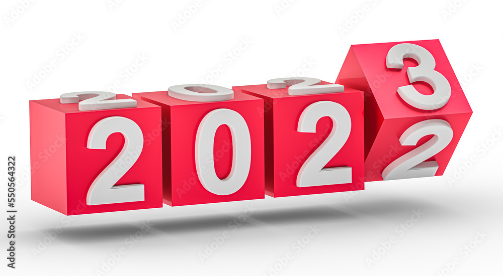 New year holiday concept. Cubes with number 2023 replace 2022 New year holiday concept. Cubes with number 2023 replace 2022