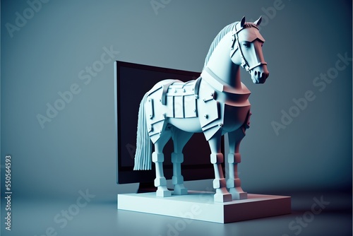 White trojan horse in a black computer screen, computer virus, created with generative AI	 photo