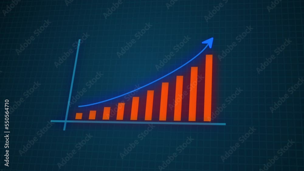 Motion animated footage. Statistics bars columns growth, arrow up. Finance, Business Infographic animation, Bar graph going up, Profit concept, positive increase chart, arrows axis, dark background