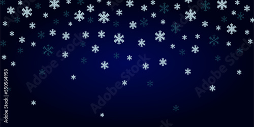 Vector illustration. Snowflakes on a dark blue background with a soft gradient. Banner, printing of advertising materials, announcements, posters, signs.