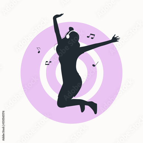 Concept woman listens to music through headphones and dances. Vector illustration.