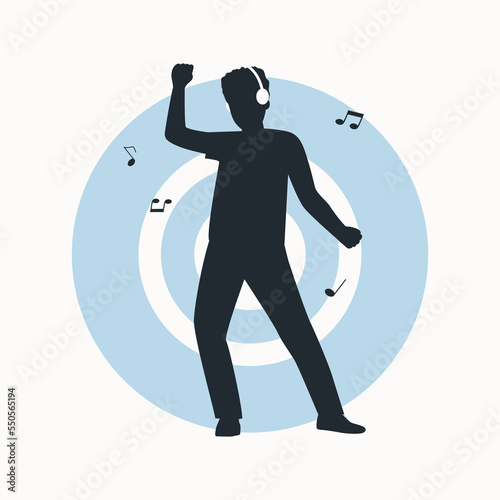 Concept man listens to music through headphones and dances. Vector illustration.