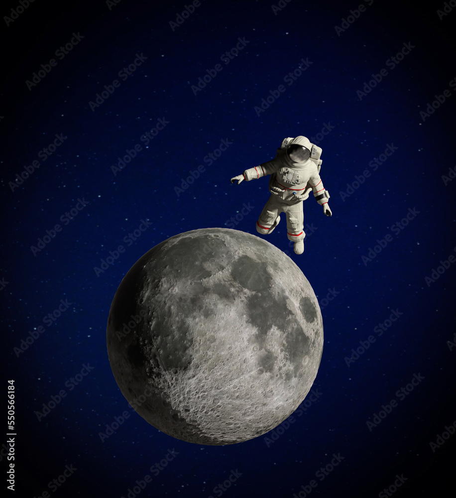 Astronaut orbiting near the moon. 3D rendering