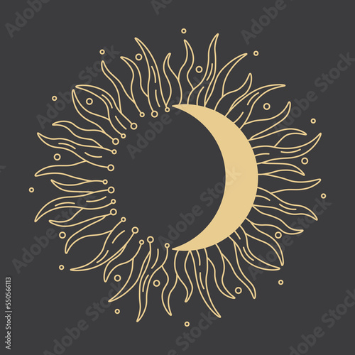 Sun and Moon vector linear drawing for decorative design. Partial solar eclipse abstract logo. Golden crescent moon with sunburst silhouette isolated on dark background.