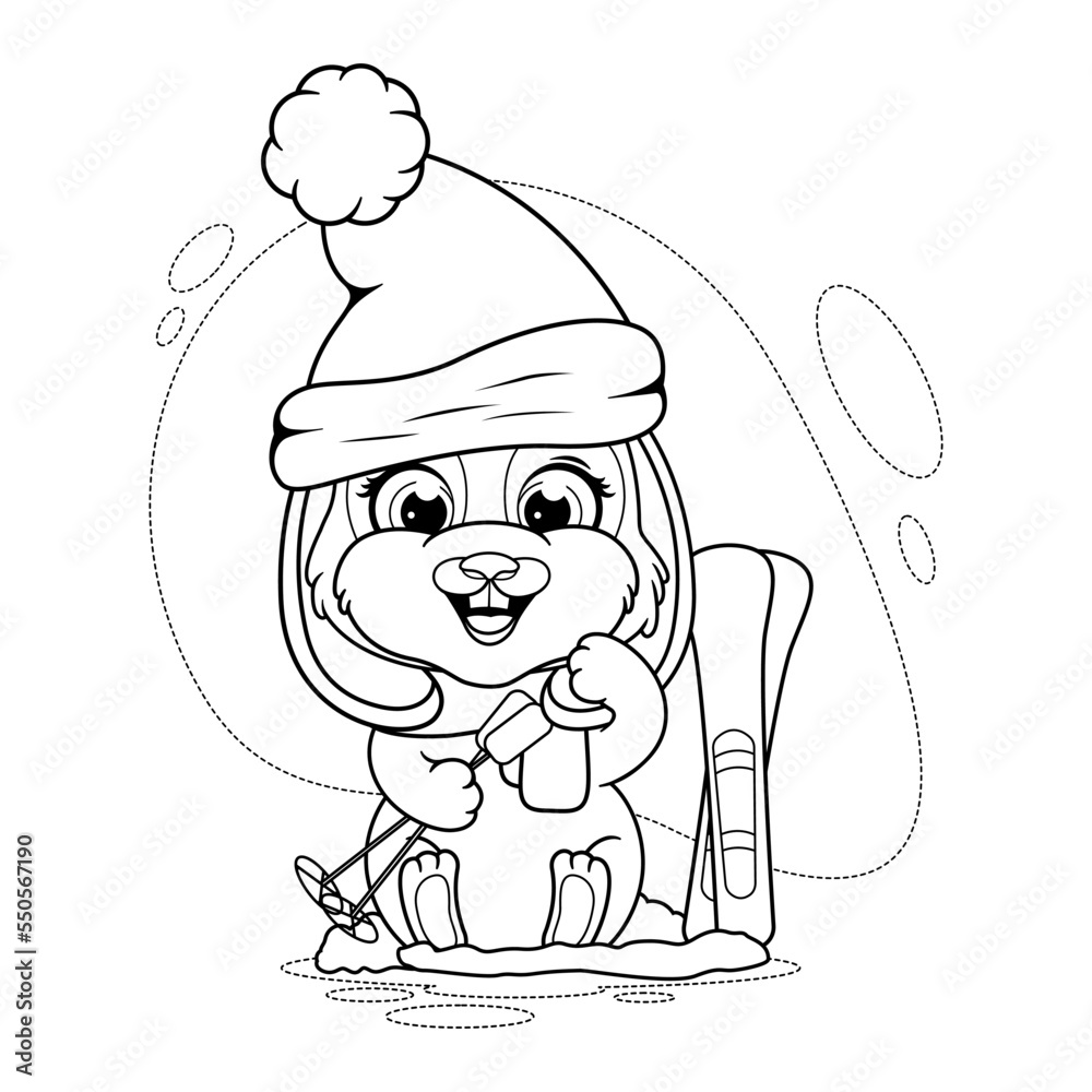 Coloring page. Cute winter bunny with skis Coloring page. Cute winter bunny with skis