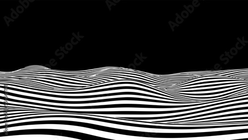 Optical illusion curve wave. Abstract vector background with black and white lines. Pattern distorted textures.