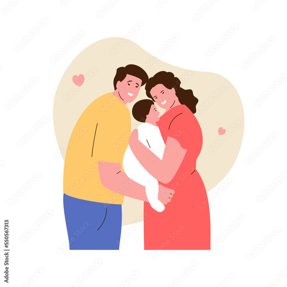 Obraz premium Young happy parents dad and mom are holding their newborn baby. Family and love, motherhood, fatherhood, childhood